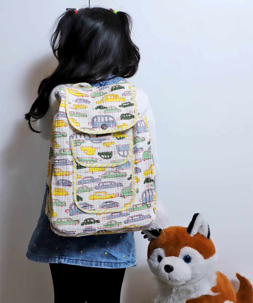ARUSHII Cotton Quilted block printed by hands Kids Backpack Yellow cars Unisex picnic and evening activity bag