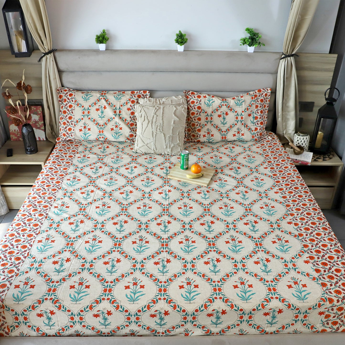 ARUSHII Double bedsheet in cotton – Orange Jaal - bedsheet