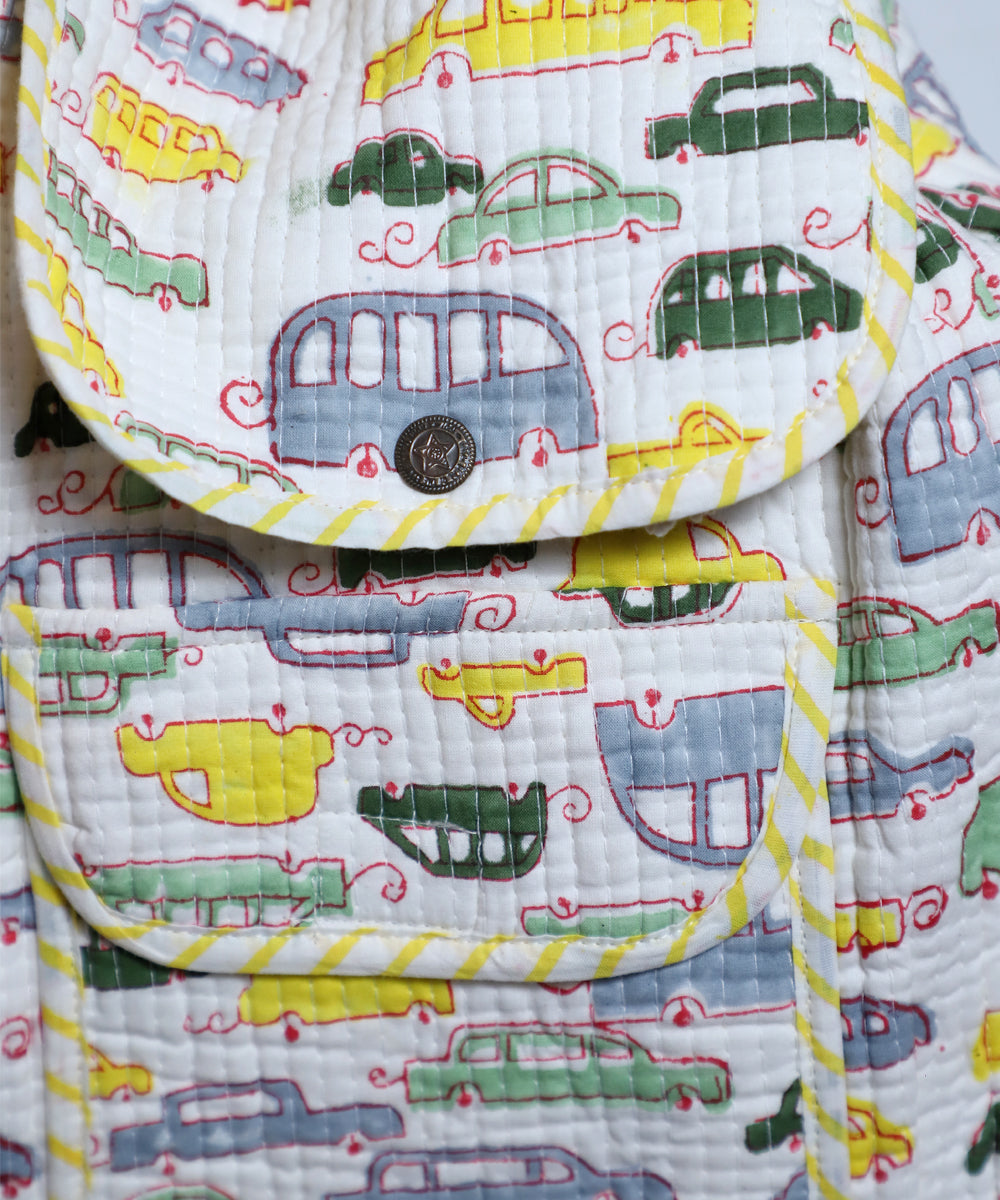 ARUSHII Cotton Quilted block printed by hands Kids Backpack Yellow cars Unisex picnic and evening activity bag