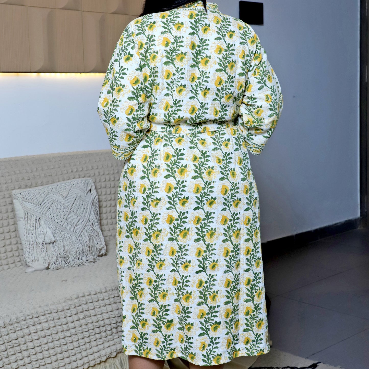 ARUSHII Handblocked Waffle cotton Bathrobes- Yellow Trail