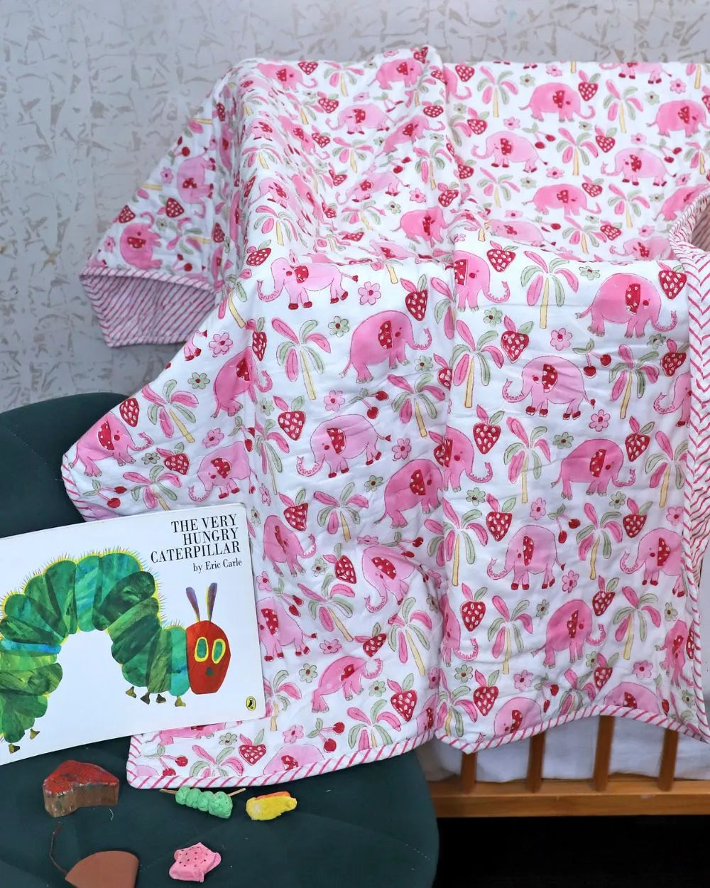 ARUSHII Cotton Reversible Kids Razai/ Quilt – Pink Elephant – Handblocked by artisans