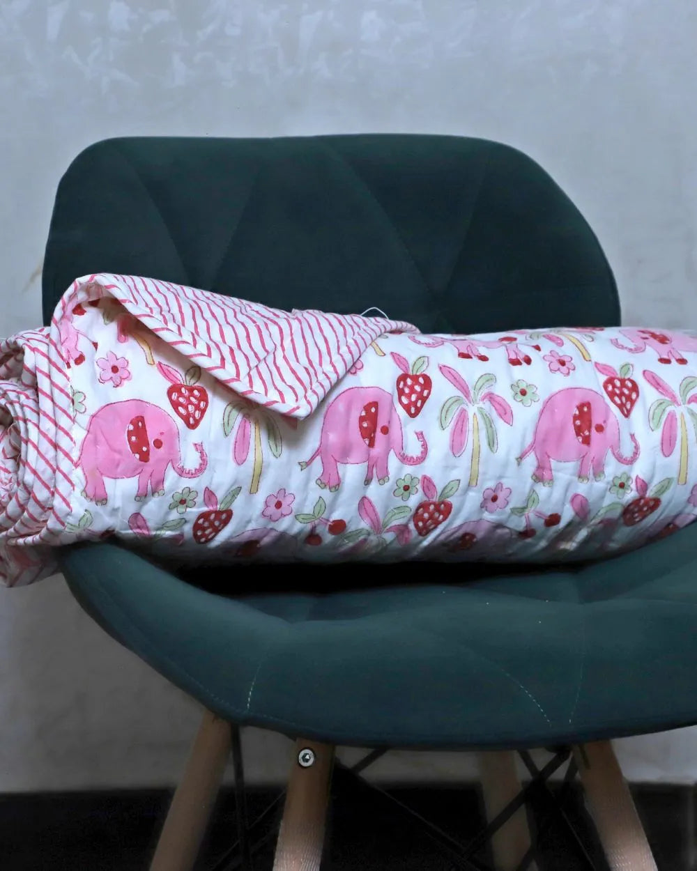 ARUSHII Cotton Reversible Kids Razai/ Quilt – Pink Elephant – Handblocked by artisans