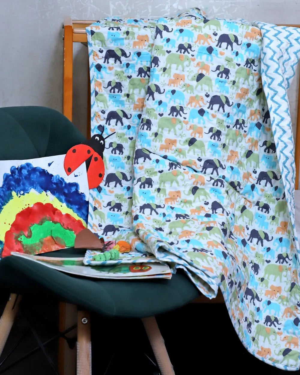 ARUSHII Cotton Reversible Kids Razai/ Quilt – Elephant – Handblocked by artisans