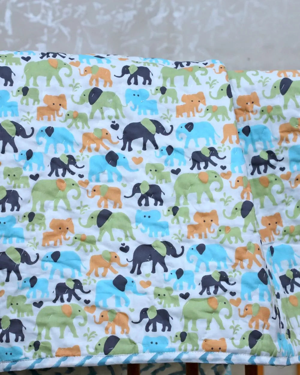 ARUSHII Cotton Reversible Kids Razai/ Quilt – Elephant – Handblocked by artisans