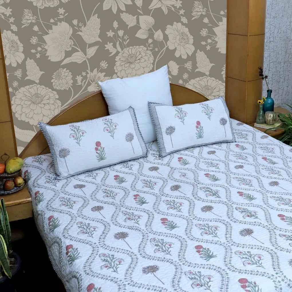 ARUSHII Premium quilted reversible bedcover in fine mulmul cotton – Baori- Handblocked by artisans