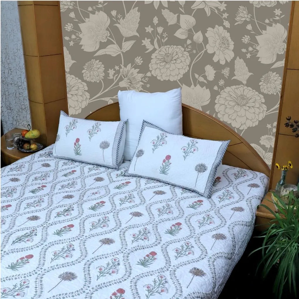 ARUSHII Premium quilted reversible bedcover in fine mulmul cotton – Baori- Handblocked by artisans