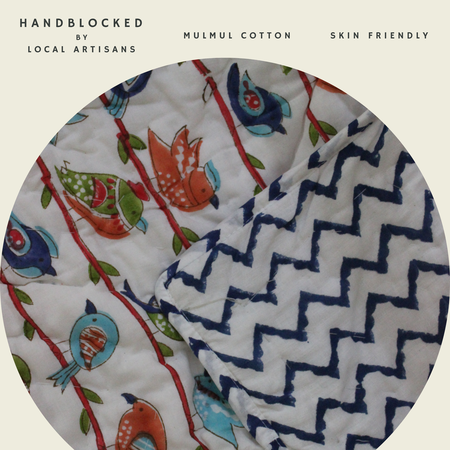 ARUSHII Cotton Reversible Kids Razai/ Quilt – SPARROW– Handblocked by artisans