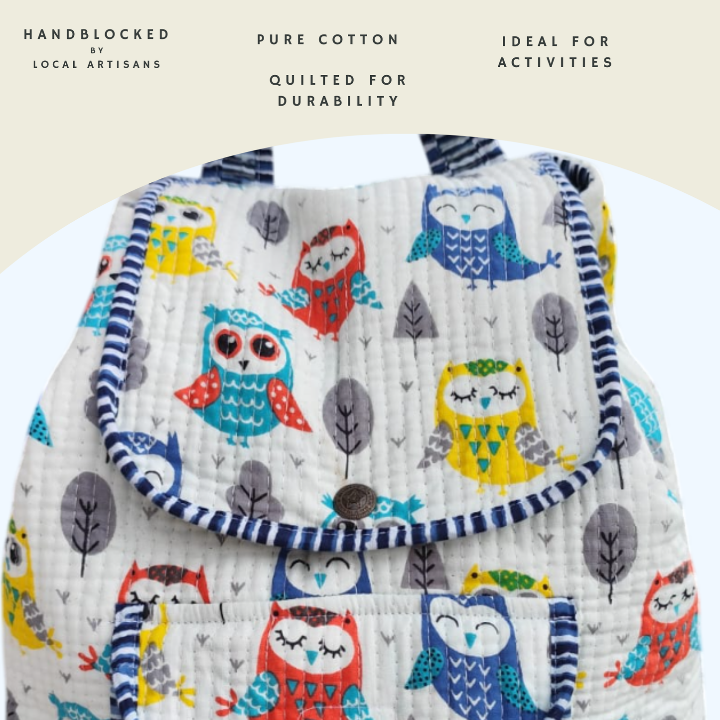 ARUSHII Cotton Quilted block printed by hands Kids Backpack Owl Unisex picnic and evening activity bag