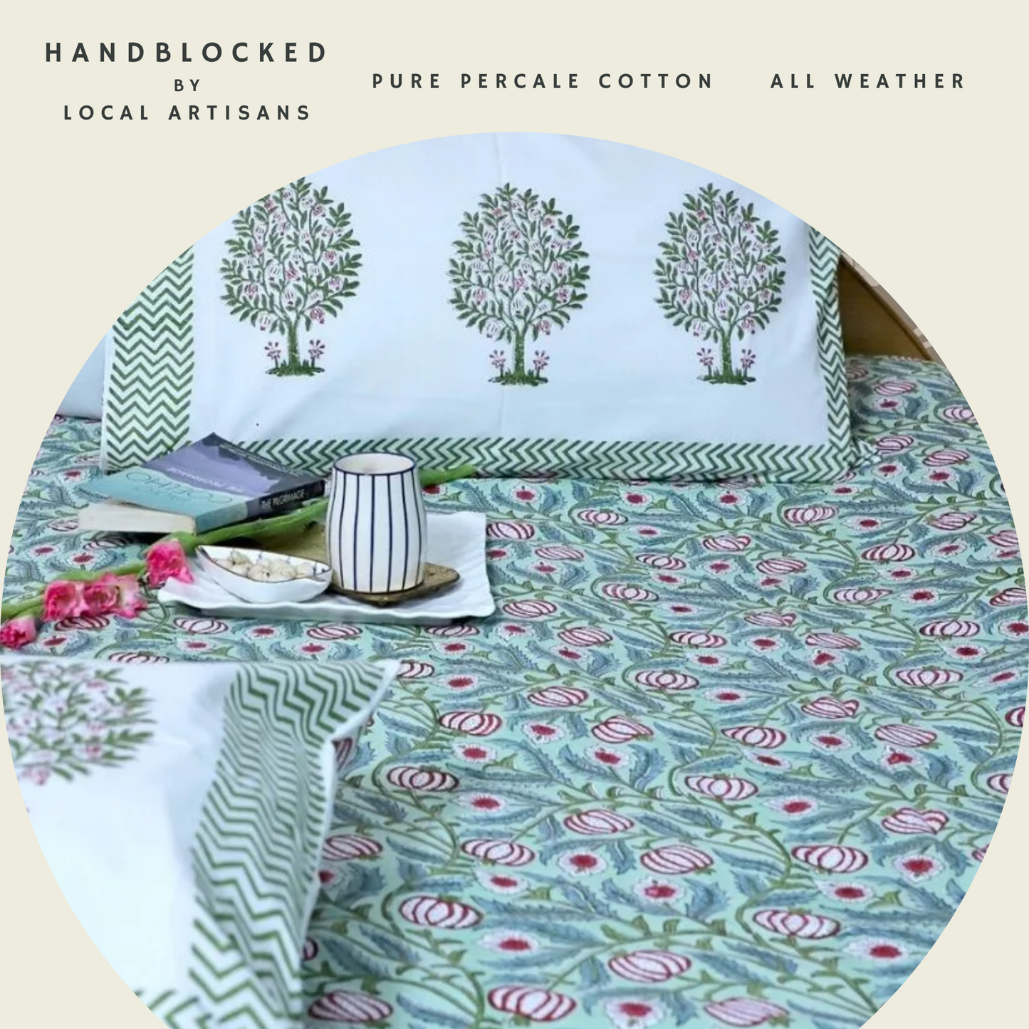 ARUSHII Double bedsheet in Percale cotton – Spring – Handblocked by artisans