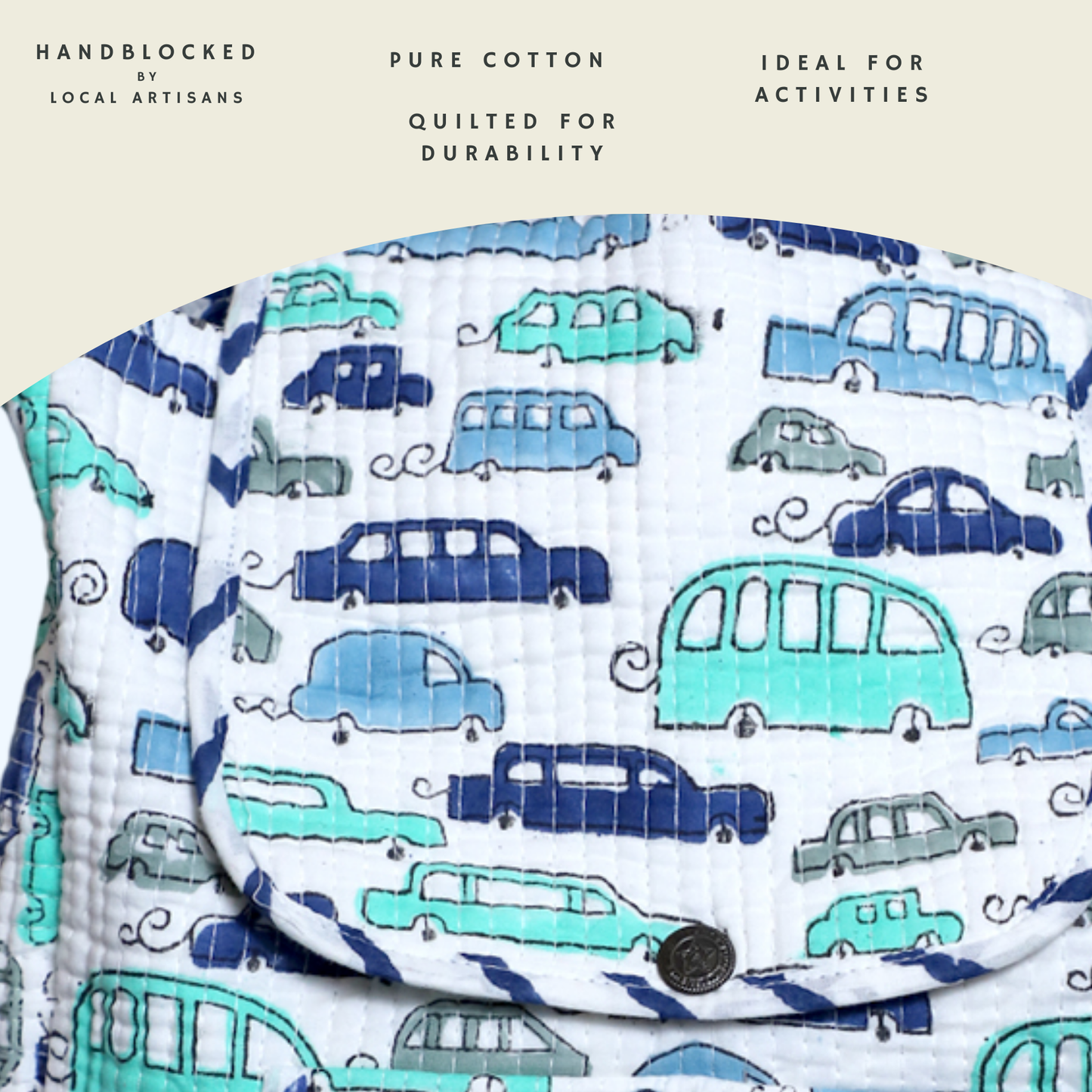 ARUSHII Cotton Quilted block printed by hands Kids Backpack Blue cars Unisex picnic and evening activity bag