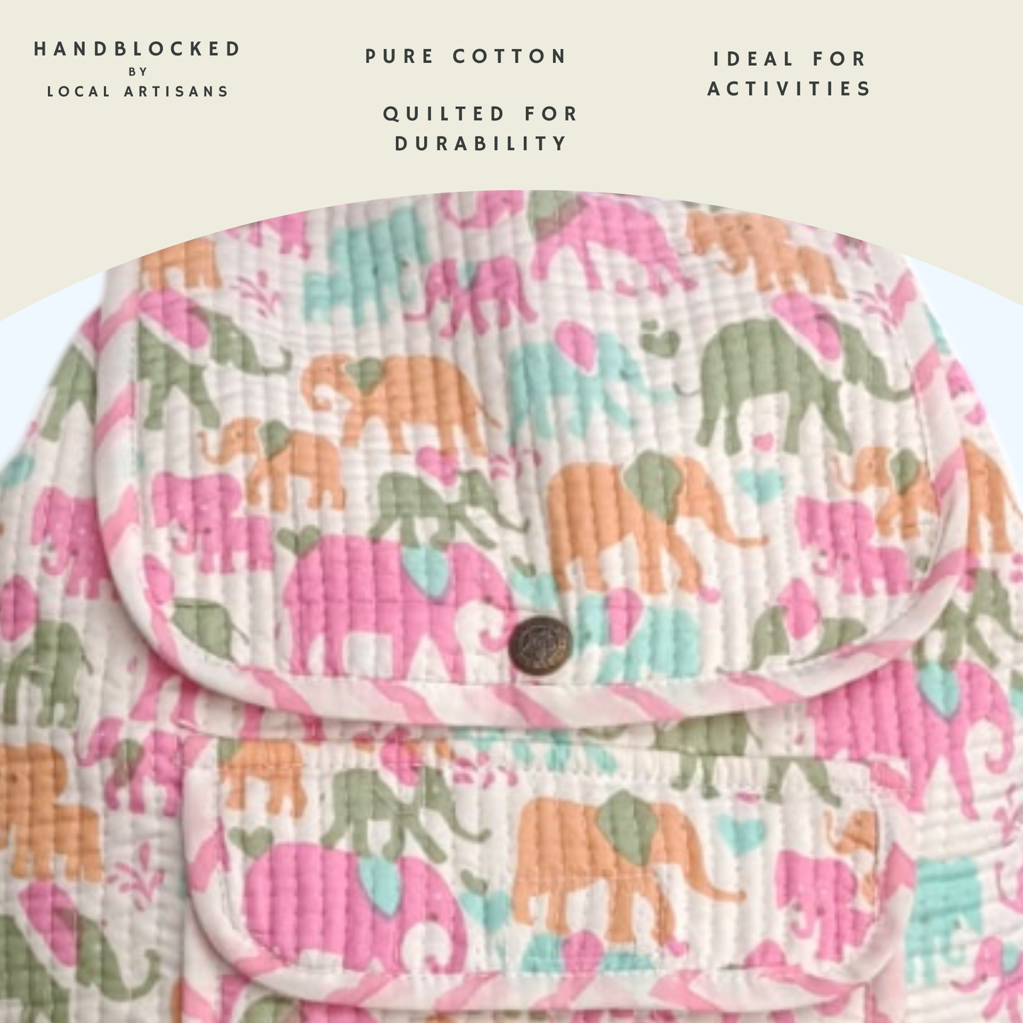 ARUSHII Cotton Quilted block printed by hands Kids Backpack Pink elephant Unisex picnic and evening activity bag