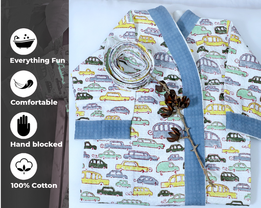 ARUSHII Cotton Unisex Bathrobe for Kids -Cars – Handblocked by artisans