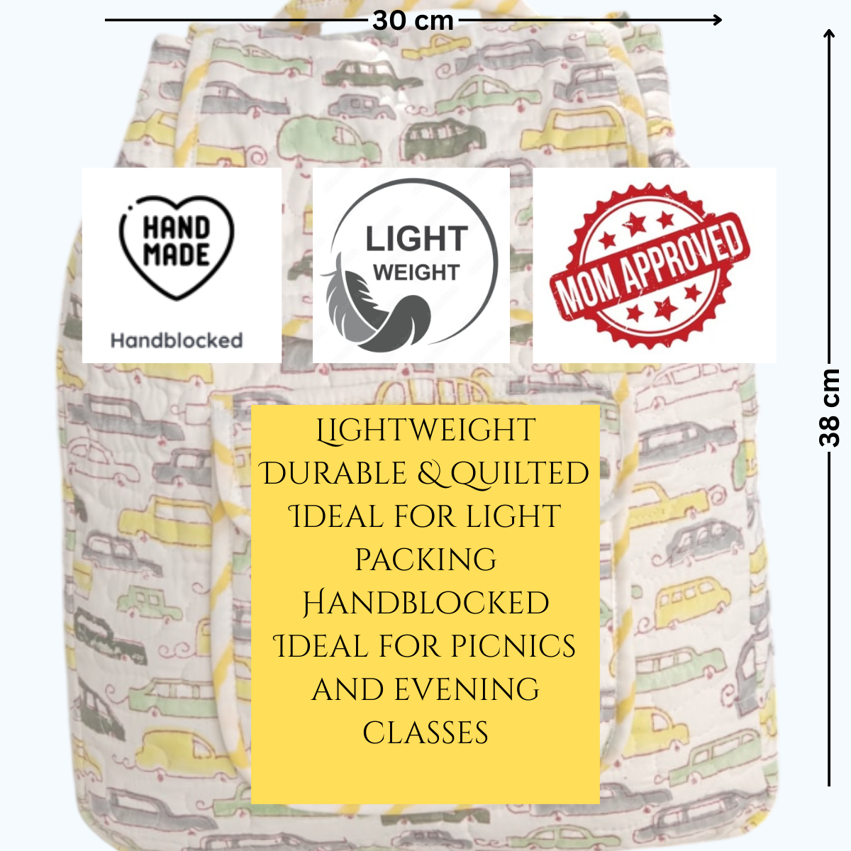 ARUSHII Cotton Quilted block printed by hands Kids Backpack Yellow cars Unisex picnic and evening activity bag