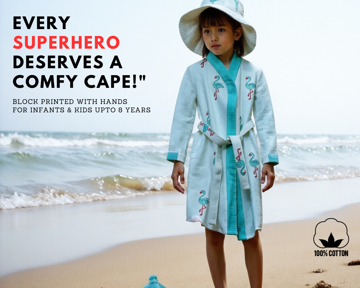 ARUSHII Cotton Unisex Bathrobe for Kids -flamingo- Handblocked by artisans