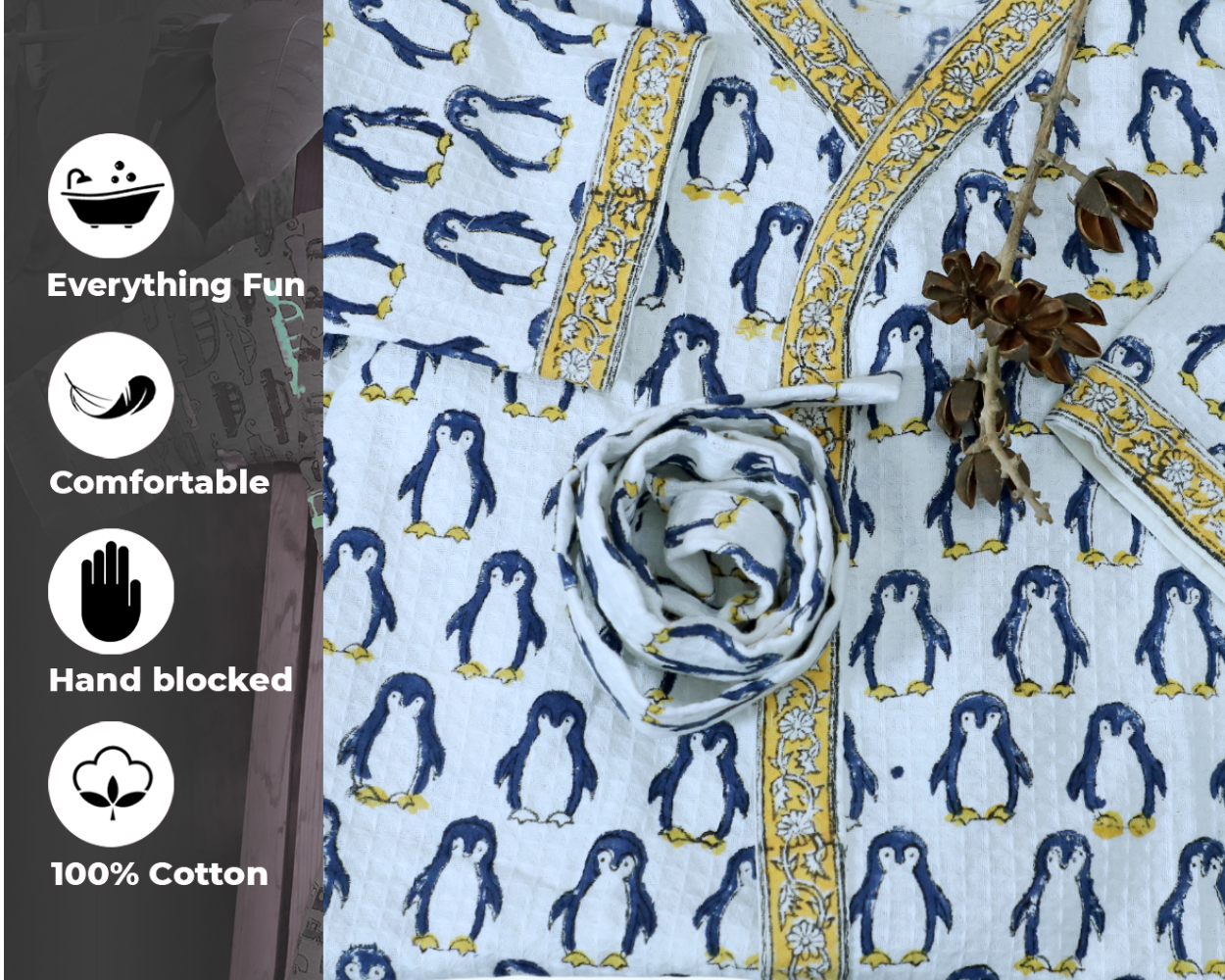 ARUSHII Cotton Unisex Bathrobe for Kids -Penguin – Handblocked by artisans