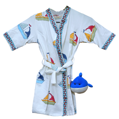 ARUSHII Cotton Unisex Bathrobe for Kids – Boat -Handblocked by artisans