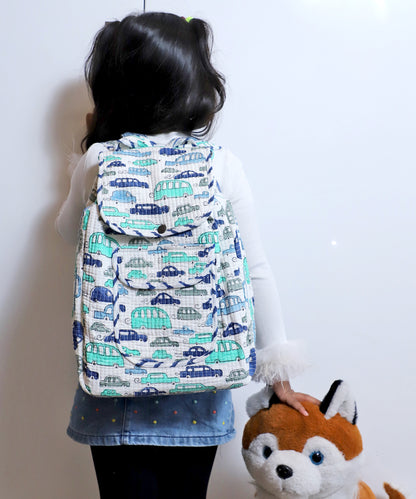 Arushii Block printed quilted backpack -cars blue