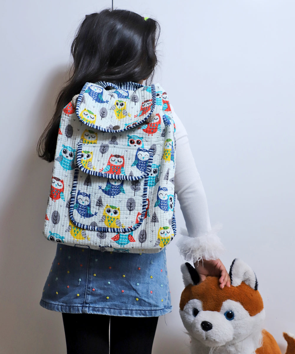 Arushii Block printed quilted backpack -Owl