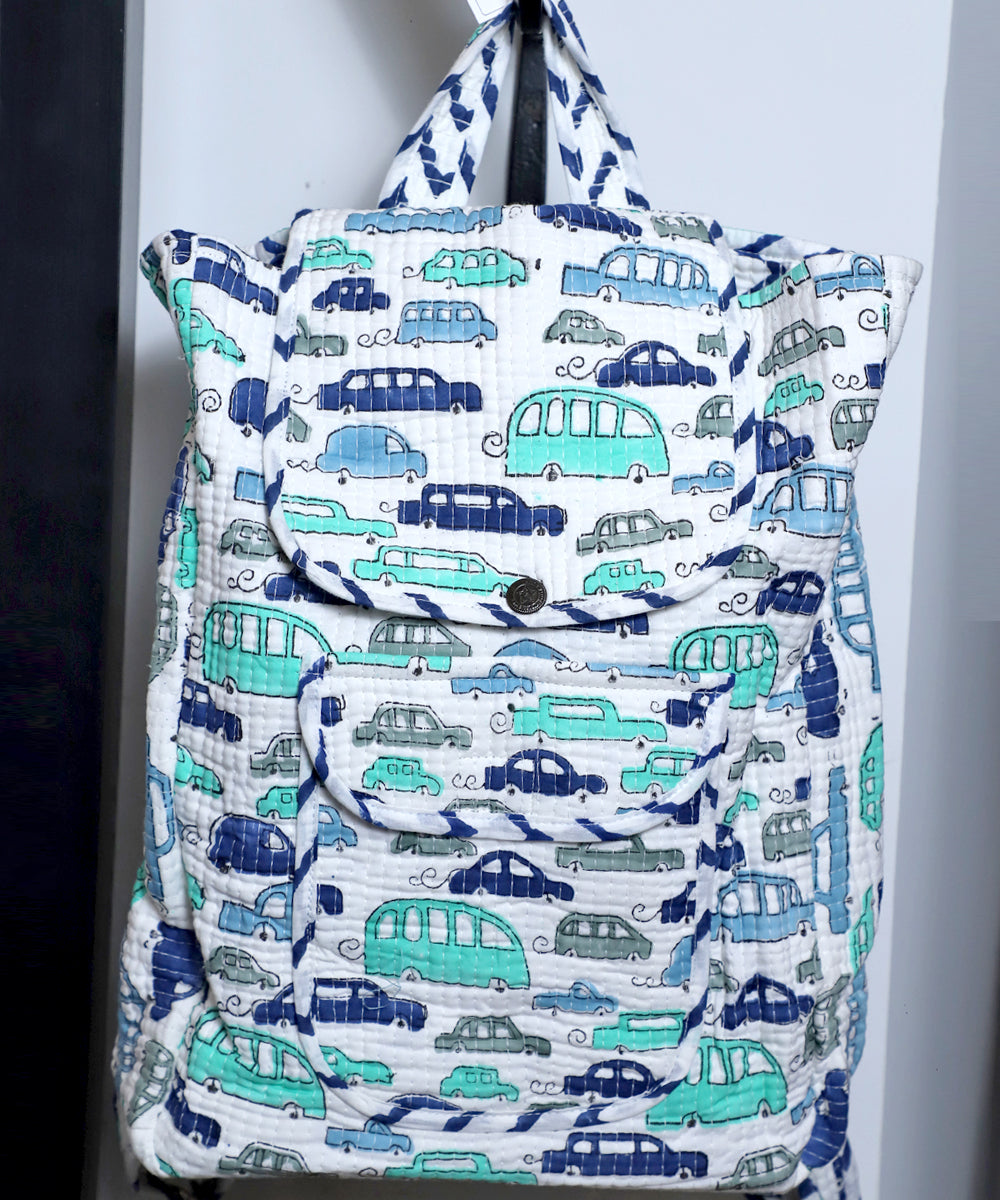 Arushii Block printed quilted backpack -cars blue