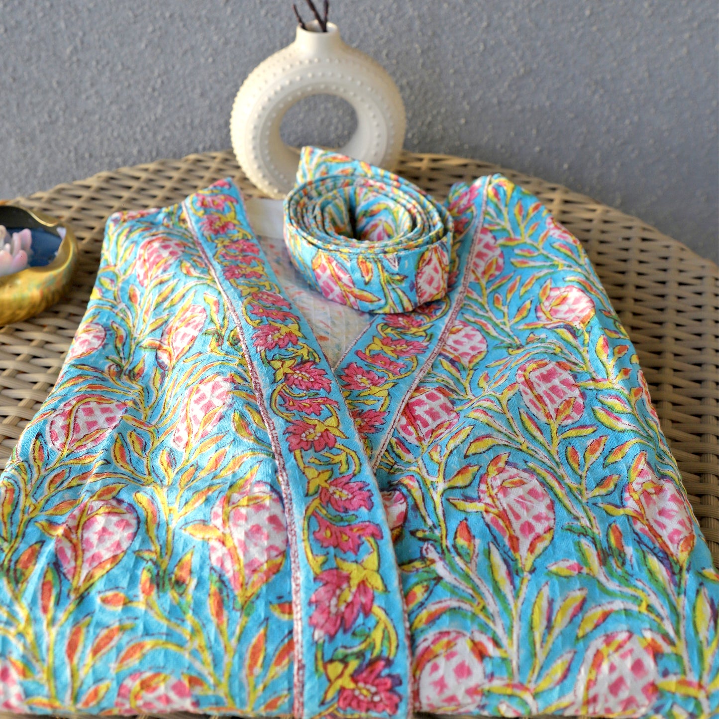ARUSHII Handblocked Waffle cotton Bathrobes-Pineapple leaves