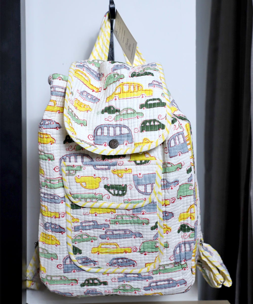 Arushii Block printed quilted backpack cars