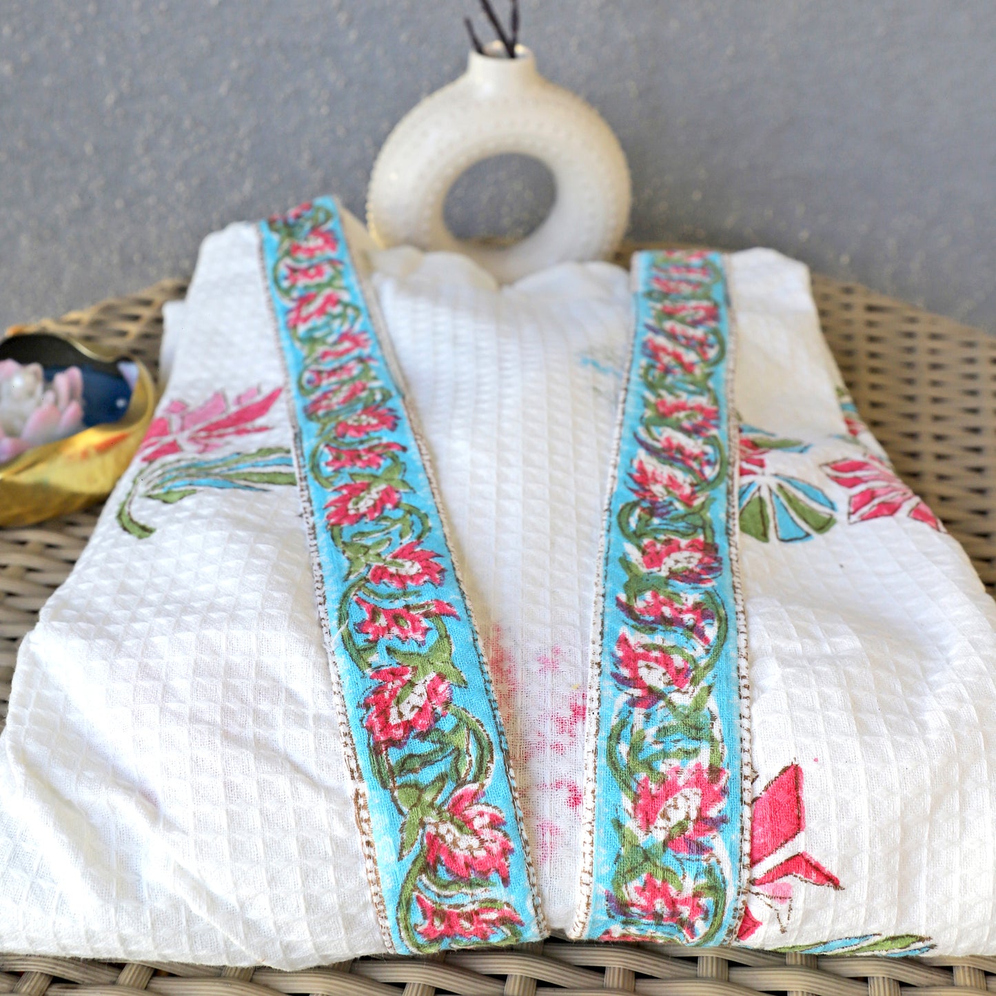 ARUSHII Handblocked Waffle cotton Bathrobes-Futuristic flowers