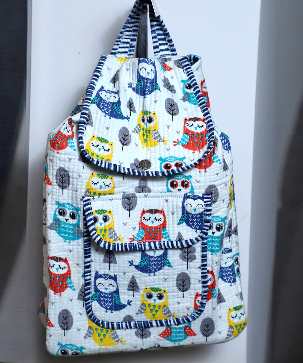 Arushii Block printed quilted backpack -Owl