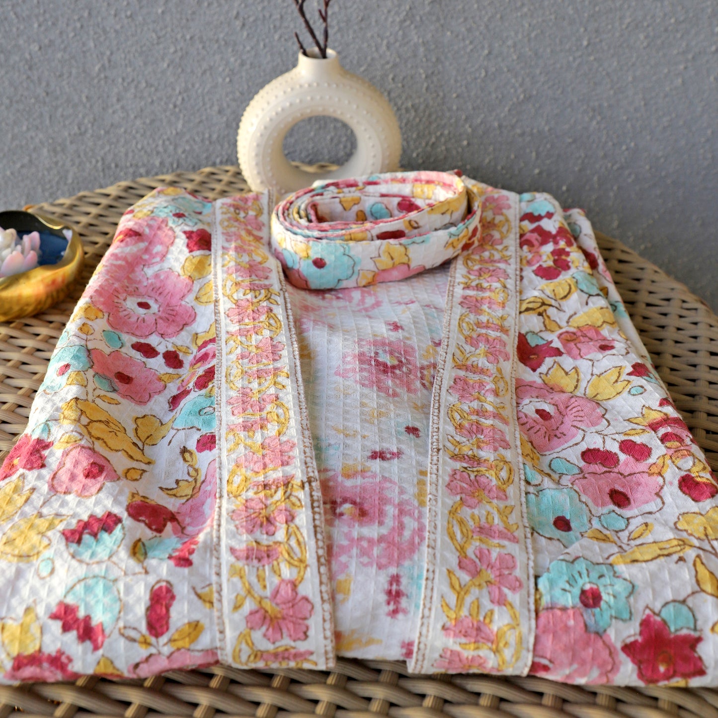 ARUSHII Handblocked Waffle cotton Bathrobes- Blooming flowers