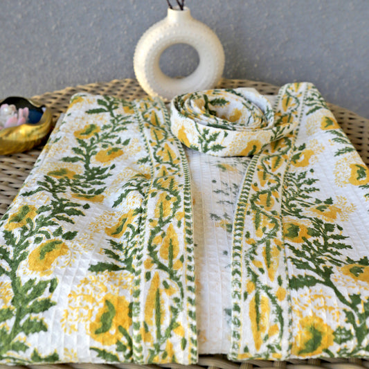 ARUSHII Handblocked Waffle cotton Bathrobes- Yellow Trail