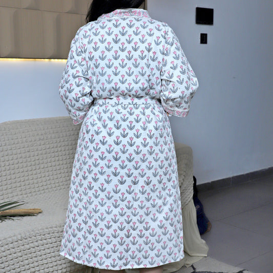 ARUSHII Handblocked Waffle cotton Bathrobes-leafy tales