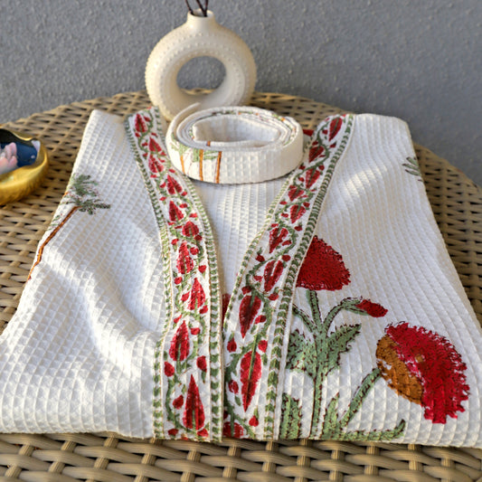 ARUSHII Handblocked Waffle cotton Bathrobes- Happy Poppy