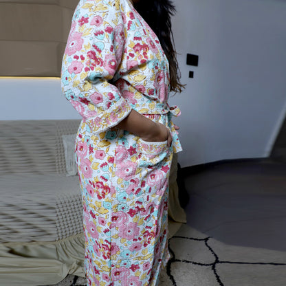 ARUSHII Handblocked Waffle cotton Bathrobes- Blooming flowers