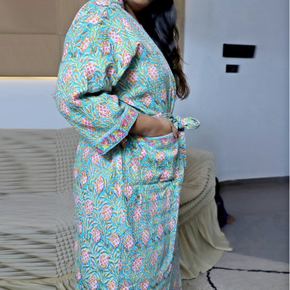 ARUSHII Handblocked Waffle cotton Bathrobes-Pineapple leaves