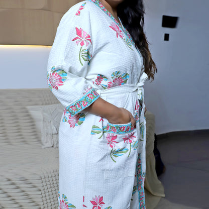 ARUSHII Handblocked Waffle cotton Bathrobes-Futuristic flowers