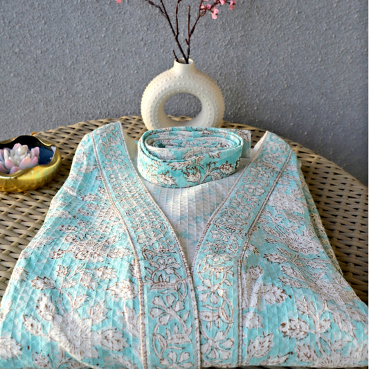ARUSHII Handblocked Waffle cotton Bathrobes- Blue Skies