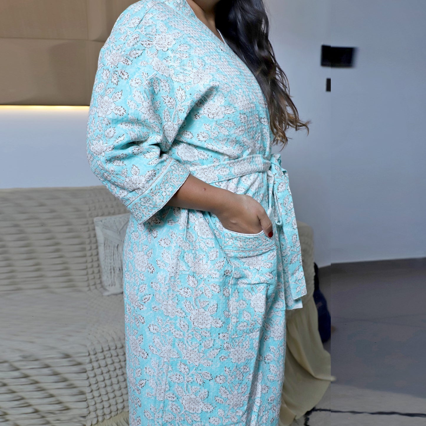 ARUSHII Handblocked Waffle cotton Bathrobes- Blue Skies