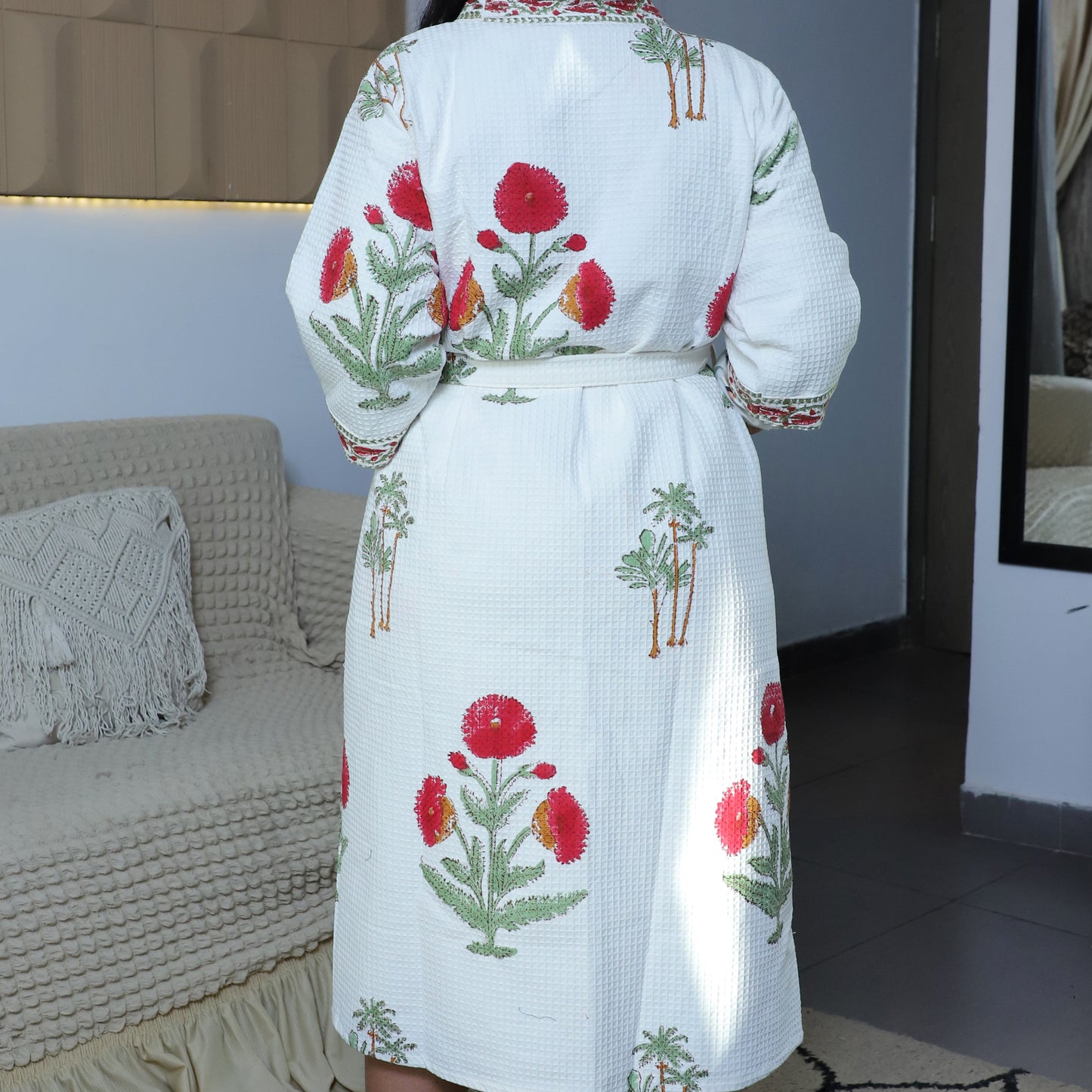 ARUSHII Handblocked Waffle cotton Bathrobes- Happy Poppy