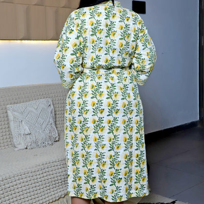 ARUSHII Handblocked Waffle cotton Bathrobes- Yellow Trail