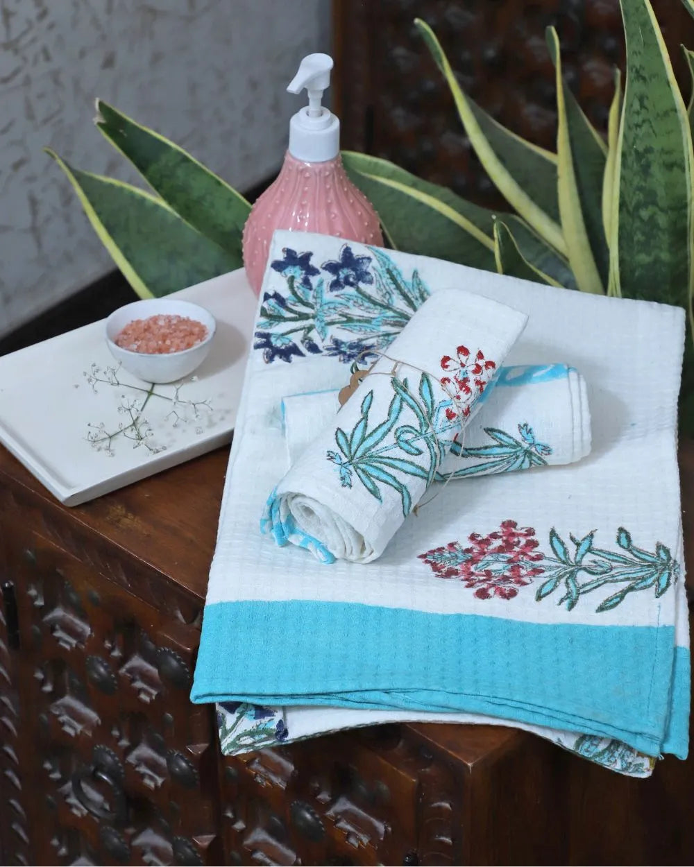 ARUSHII cotton Hand and bath towel set – Flush – Handblocked by artisans