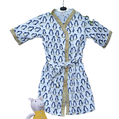 ARUSHII Cotton Unisex Bathrobe for Kids -Penguin – Handblocked by artisans