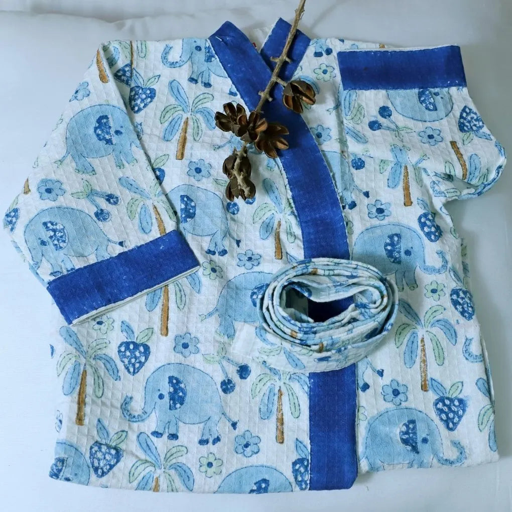 ARUSHII Cotton Unisex Bathrobe for Kids – Blue Elephant – Handblocked by artisans