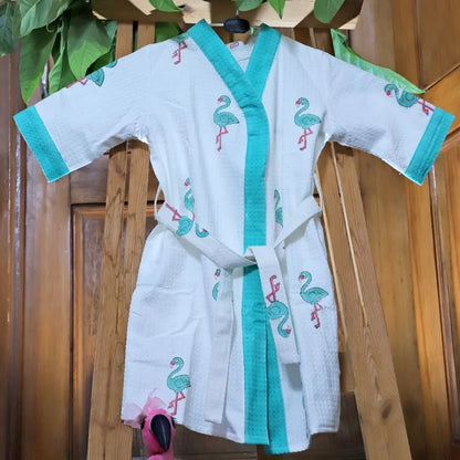 ARUSHII Cotton Unisex Bathrobe for Kids -flamingo- Handblocked by artisans