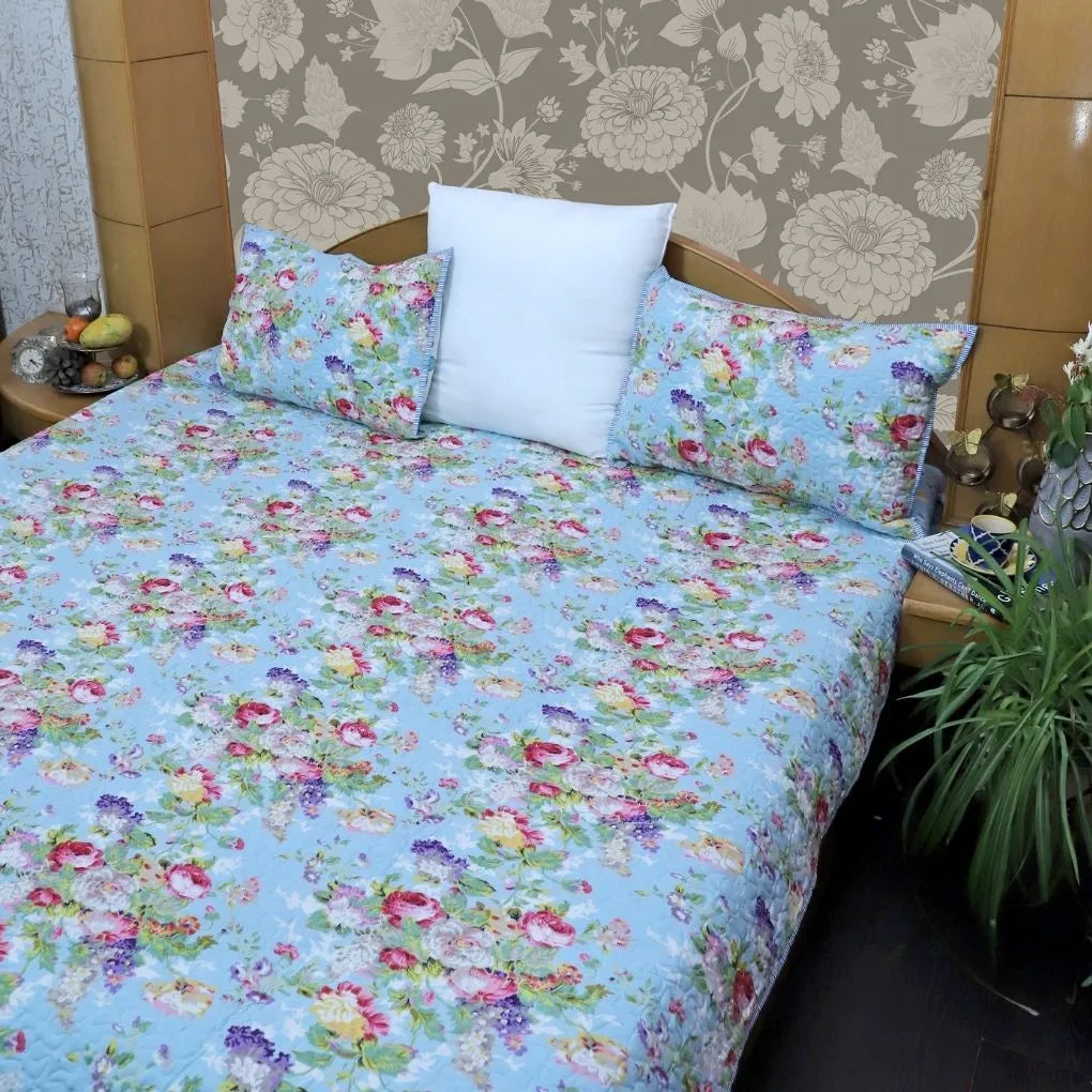 ARUSHII Premium quilted reversible bedcover in fine mulmul cotton – Blue Blossom- Handblocked by artisans