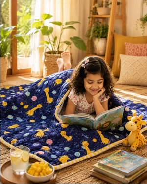 ARUSHII Cotton Reversible Kids Razai/ Quilt – NAVY GIRAFFE – Handblocked by artisans