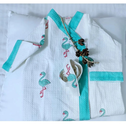 ARUSHII Cotton Unisex Bathrobe for Kids -flamingo- Handblocked by artisans