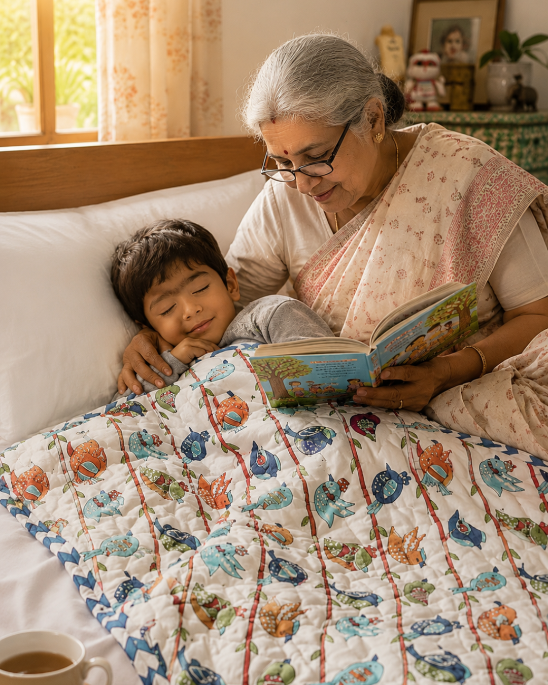 ARUSHII Cotton Reversible Kids Razai/ Quilt – SPARROW– Handblocked by artisans