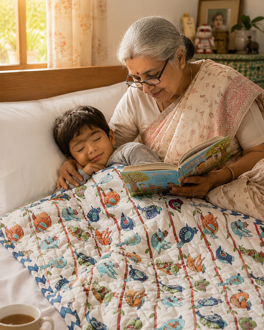 ARUSHII Cotton Reversible Kids Razai/ Quilt – SPARROW– Handblocked by artisans