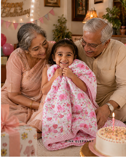 ARUSHII Cotton Reversible Kids Razai/ Quilt – Pink Elephant – Handblocked by artisans