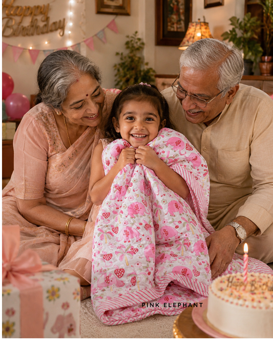 ARUSHII Cotton Reversible Kids Razai/ Quilt – Pink Elephant – Handblocked by artisans