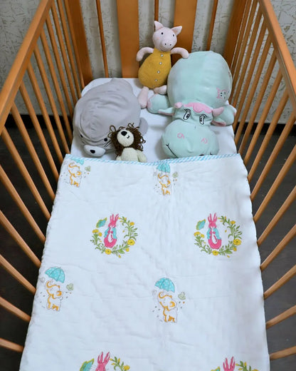 ARUSHII Cotton Reversible Kids Razai/ Quilt – Rabbit- Handblocked by artisans